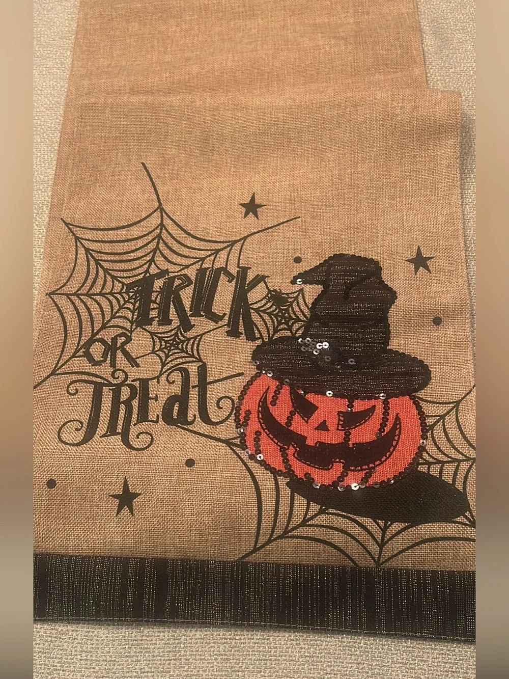 Halloween Pumpkin Trick or Treat Burlap Table Runner 70 inches